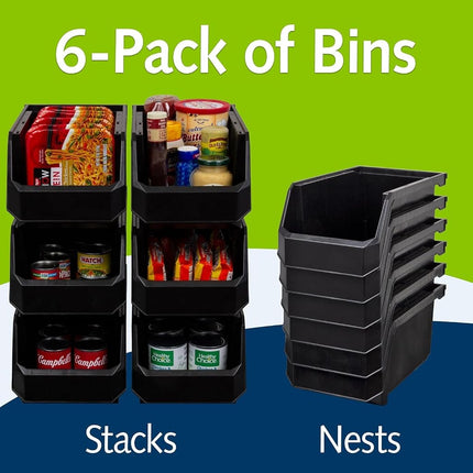 ReadySpace Plastic Containers Storage Bins for Closet, Kitchen, Office, or Pantry Organization, Large, 6-Pack, Black