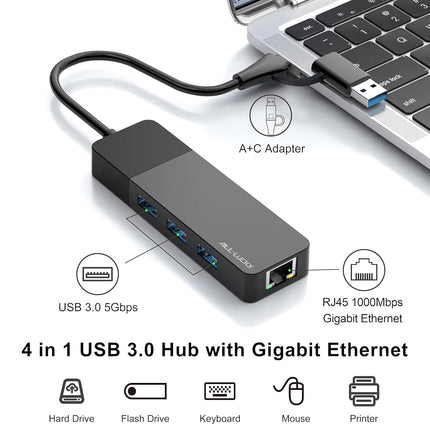 ALL-LUCKY USB to Ethernet Adapter, 4 in 1 USB C to Ethernet Adapter Hub with 3 x USB 3.0 Port/Gigabit Internet Port, High-Speed Network Hub Compatible for iMac,MacBook Pro