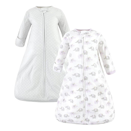 Hudson Baby Unisex Baby Cotton Wearable Sleeping Bag, Sack, Blanket, Lilac Elephants Long Sleeve, 0-3 Months