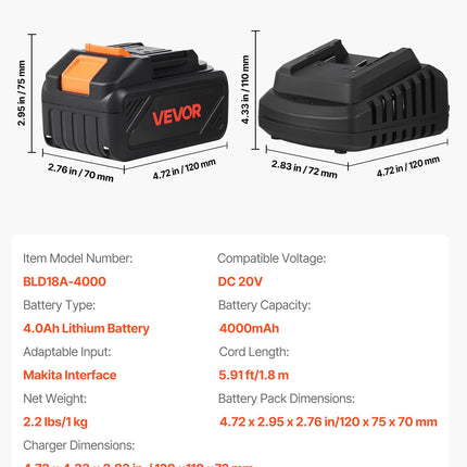 VEVOR 20V MAX, Portable Battery and Charger Combo, AC 110V, 4.0 Ah Lithium-Ion Battery Pack, 4000 mAh Large Capacity, Extended Runtime, Compatible with Series Tools, for Replacement and Fast Charging