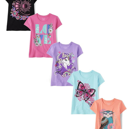 Camisetas gráficas de manga corta de animales para niñas de The Children's Place, paquete múltiple, unicornio/búho/amor/luna/mariposa, talla S