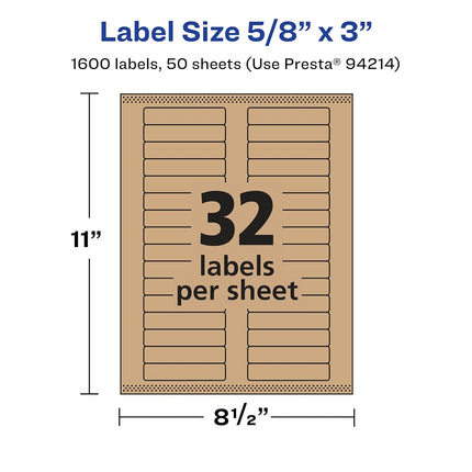 Avery Kraft Brown Rectangle Labels with Sure Feed, 5/8" x 3", 1,600 Kraft Brown Labels, Laser/Inkjet Printable Labels