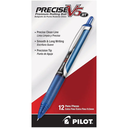 Pilot Precise V5 RT Refillable & Retractable Liquid Ink Rolling Ball Pens, Extra Fine Point (0.5mm) Blue Ink, 12-Pack (26063)