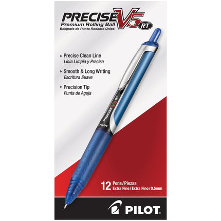 Bolígrafos Pilot Precise V5 RT recargables y retráctiles de tinta líquida, punta extrafina (0.5mm), tinta azul, paquete de 12 (26063)