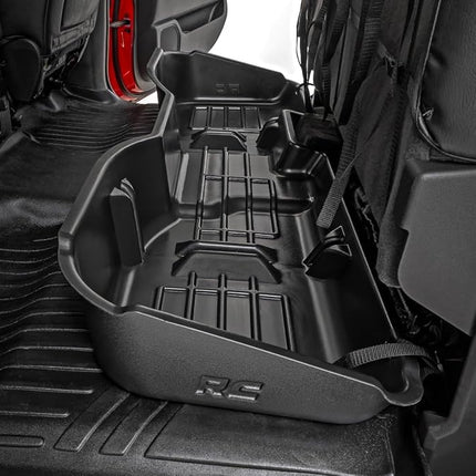 Almacenamiento personalizado bajo el asiento Rough Country para Chevy Silverado 1500 (2014-2018) y 2500HD/3500HD (2015-2019) - Almacenamiento plateado para camiones, termoplástico antideslizante