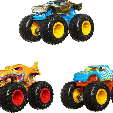 Hot Wheels Monster Trucks Coffret de 3 mini-véhicules Color Shifters 1:64, les Monster Trucks changent de motifs dans l'eau froide et retrouvent leur aspect initial dans l'eau chaude, jouet pour enfants, HGX20