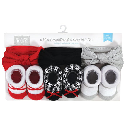 Hudson Baby Girl's Headband and Socks Giftset, Red Houndstooth Bows, 6 Count (Pack of 1)