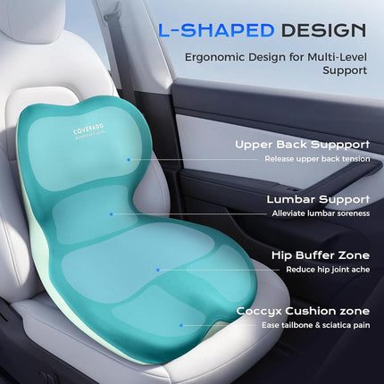 Coverado Car Seat Cushion and Lumbar Support Pillow One Piece, Memory Foam Ergonomic Back Support Driving Seat Cushion for Back Pain, Non-Slip Washable Cushion for Car, Driver, Office