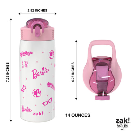 Zak Designs Barbie Botella de agua para viajes y el hogar, 560 ml, acero inoxidable con aislamiento al vacío, con tapa de boquilla de cierre, asa de transporte incorporada, diseño a prueba de fugas (Barbie)