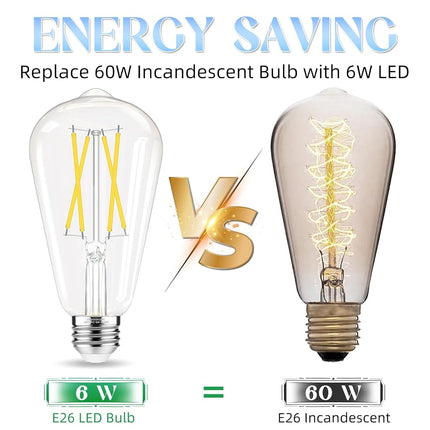 GvvooHome Edison Bulbs, E26 LED Bulb 60 watt Equivalent, Non-Dimmable, 4000K Daylight White, ST58 Vintage Light Bulbs, 90+ CRI, 6W 600LM, E26 Medium Base, Clear Glass, 6 Pack