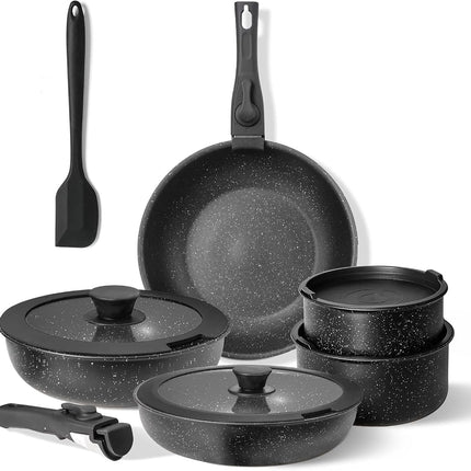 Pots and Pans Set Non Stick, 12 Pcs Cooking Pot Kitchen Set with Frying Pans and Sauce Pans, Dishwasher and Oven Safe, PFAS, PFOA, PFOS Free, Black