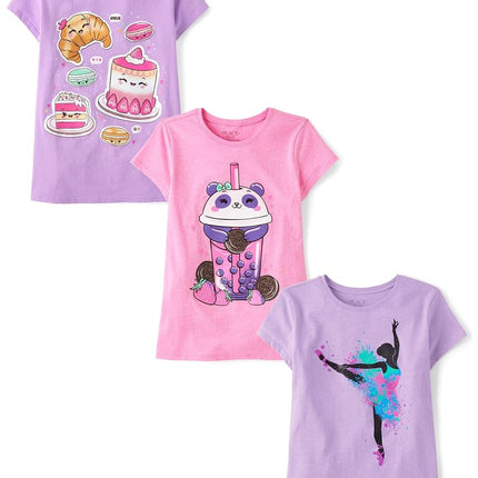 The Children's Place Camisetas gráficas de manga corta de gamer para niños, paquetes múltiples, comida/bebida/bailarín, mediana