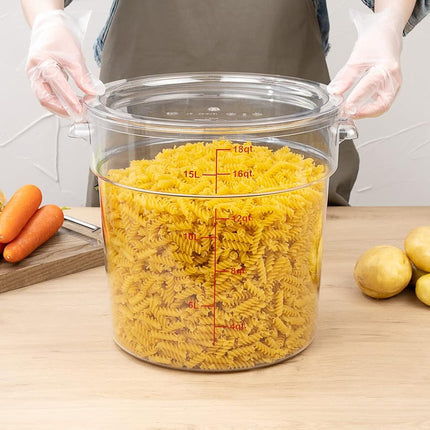 Restaurantware-Met Lux 18 Quart Food Storage Container, 1 Round Commercial Storage Container - Lid Sold Separately, with Volume Markers, Clear Plastic Food Prep Bucket, Space-Saving Storage