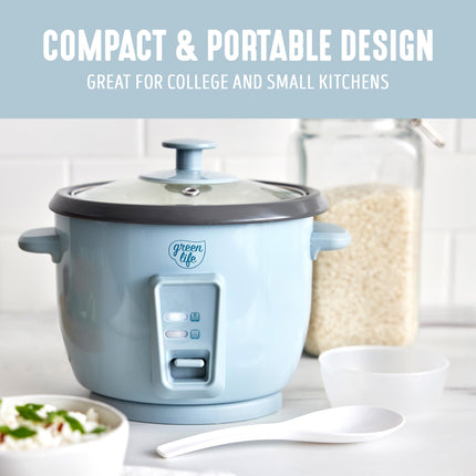 GreenLife Electric Rice Cooker, 3-Cups Uncooked/6-Cups Cooked, Removable PFAS-Free Nonstick Pot, One-Switch Design, Auto Keep Warm, Small Space Saving, Rice Paddle, Soup, Grains, Oatmeal, 1.5 QT, Blue