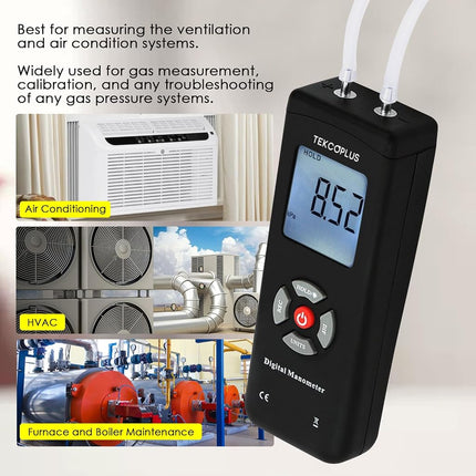 Portable Handheld Digital Manometer HVAC Air Vacuum/Gas Differential Pressure Gauge Meter Tester 11 Units with Backlight, 13.78kPa 2PSI, 1-2 Pipes Ventilation Air Condition System Measurement