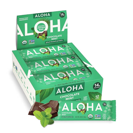ALOHA Organic Plant Based Protein Bar, Chocolate Mint, 1.9 oz, 12 Count, Vegan, Gluten Free, Non-GMO, Stevia Free, Soy Free, Dairy Free