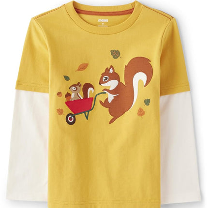 Gymboree Boys and Toddler Embroidered Graphic Long Sleeve Layered T-Shirts, Squirrel, 7