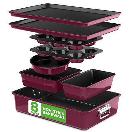 8-Piece Nonstick Stackable Bakeware Set - PFOA, PFOS, PTFE Free Baking Tray Set w/Non-Stick Coating, 450°F Oven Safe, Round Cake, Loaf, Muffin, Wide/Square Pans, Cookie Sheet (Plum)