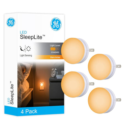 GE SleepLite LED Night Light, 4 Pack, Melatonin, Dusk-to-Dawn Sensor, Natural Sleep Aid, Warm Amber, Compact, Ideal for Bedroom, Nursery, Bathroom, Hallway, 45041, 4 Count