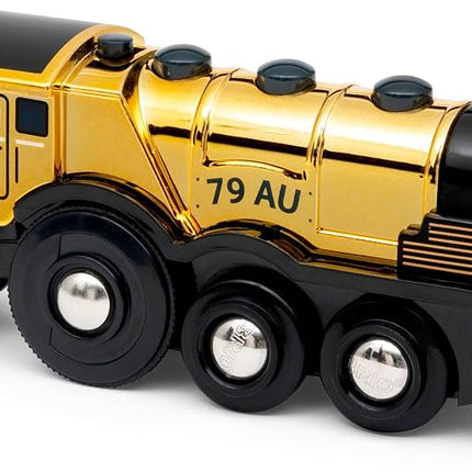 BRIO World Mighty Gold Action Locomotive Battery Powered Toy Train for Kids Age 3 Years Up - Wooden Railway Set Add On Accessories