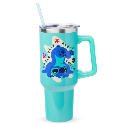 Silver Buffalo Disney Lilo et Stitch Aloha No Bad Days Gobelet en acier inoxydable Chillin' avec poignée et paille, compatible avec les porte-gobelets standard, 1,2 litre