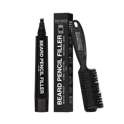 Pacinos Beard Pencil Filler - Water Proof, Long Lasting Coverage & Natural Finish - Beard, Moustache & Eyebrows - Micro-Fork Tip for Seamless Application - Includes Bristle Brush for Blending (Black)