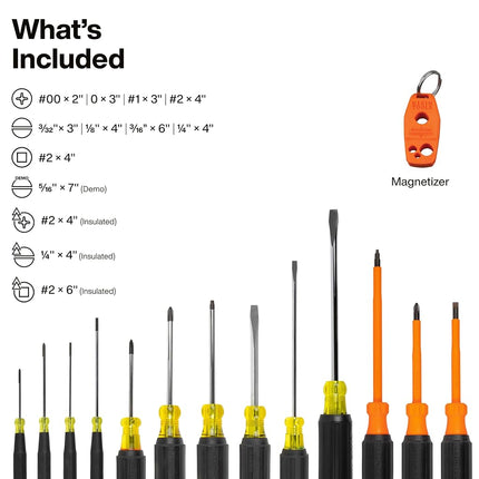Klein Tools 85814 Screwdriver Set, Precision, Insulated, Color-Coded Handles, Phillips, Slotted, Cabinet, Keystone, Demolition, Square Tips, 14-Piece