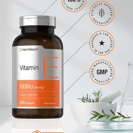 Vitamin E Capsules 1000 IU | 200 Softgels | Non-GMO, Gluten Free, Preservative Free | by Horbaach