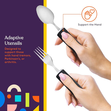 (Black) - Adaptive Utensils (4-Piece Kitchen Set) Wide, Non-Weighted, Non-Slip Handles for Hand Tremors, Arthritis, Parkinson's or Elderly use Stainless Steel Knife, Fork, Spoons - Black