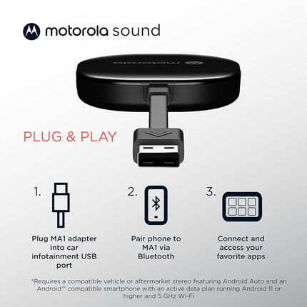 Motorola Ma1 Wireless Android Auto Car Adapter – Easy Setup, Instant Connection, USB Plug-in with Secure Gel Pad