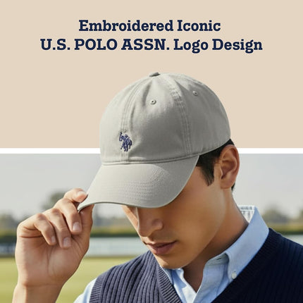 U.S. Polo Assn. Gorra de béisbol de algodón de sarga lavada ajustable para hombre con logotipo de pony y visera curvada, gris claro, talla única