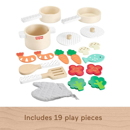 Fisher-Price Wood Pots & Pans Set, Play Kitchen Toy