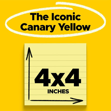Post-it Super Sticky Notes, 4 x 4-Inches, Canary Yellow, Lined, 12-Pads/Pack