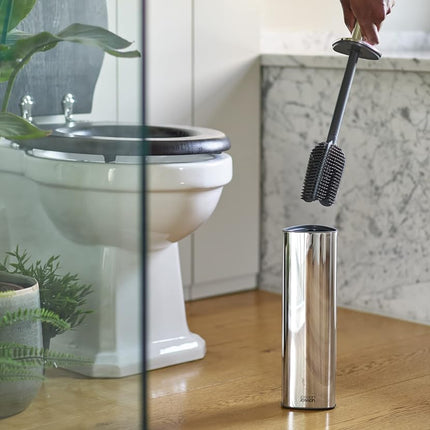 Joseph Joseph Flex 360 Luxe, Advanced Smart Toilet Brush and Storage Holder Set with anti-drip, anti-clog, triple-action replaceable brush head- Stainless-steel