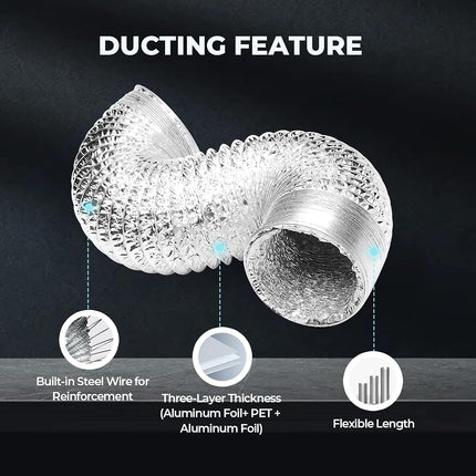 HealSmart 4" 8 Ft Aluminum Ducting Flexible, Non-Insulated with 2 Duct Clamps, Dryer Vent Hose for Heating Cooling Ventilation and Exhaust Fan