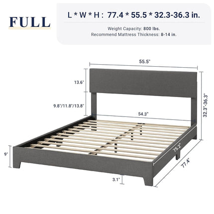 Allewie Full Size Bed Frame with Adjustable Headboard, Upholstered Platform Bed with Wood Slats, Heavy Duty Mattress Foundation, No Box Spring Needed, Noise-Free, Easy Assembly, Beige
