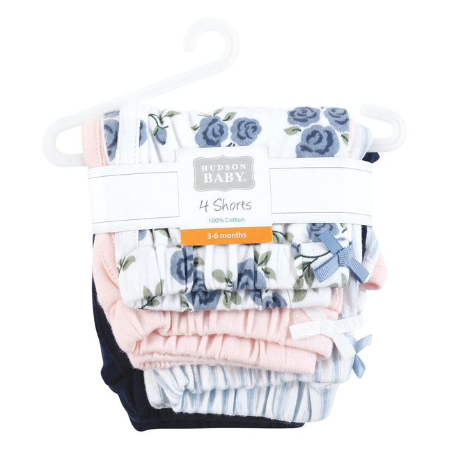 Hudson Baby Infant Girls Shorts Bottoms 4-Pack, Blue Rose, 0-3 Months
