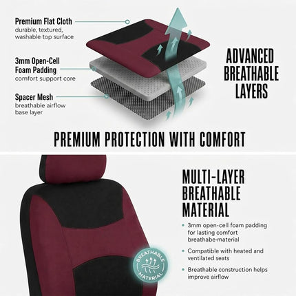 FH Group FB030BURGUNDY-COMBO Seat Cover Combo Set with Steering Wheel Cover and Seat Belt Pad (Airbag Compatible and Split Bench Burgundy)