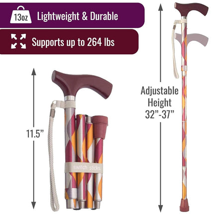 Switch Sticks Aluminum Adjustable Folding Cane and Walking Stick collapses and adjusts from 32 to 37 inches, Waves