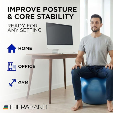 TheraBand Exercise Ball, Professional Series Stability Ball with 75 cm Diameter for Athletes 6'2" to 6'8" Tall, Slow Deflate Fitness Ball for Improved Posture, Balance, Yoga, Pilates, Core, Blue