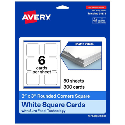 Avery Printable Square Cards with Rounded Corners, Sure Feed Technology, 3" x 3", Matte White Cardstock, Print-To-The-Edge, Laser/Inkjet Printable, 300 Total, Great for Business and Thank You Messages