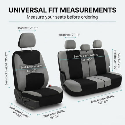 FH Group 3 Row Set 7 Seater Light & Breezy Flat Cloth Car Seat Covers, Combo Steering Wheel Cover & Seat Belt Pads, Airbag and Split Rear, Universal Fit for Cars Trucks, SUV, Gray