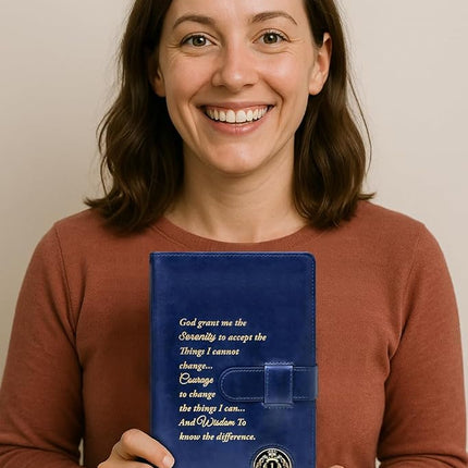 Double AA Big Book Cover & 12 Steps & 12 Traditions | by Galileo | Perfect Gift | Alcoholics Anonymous (Serenity Prayer/Coin Pocket/Royal Blue Metallic)