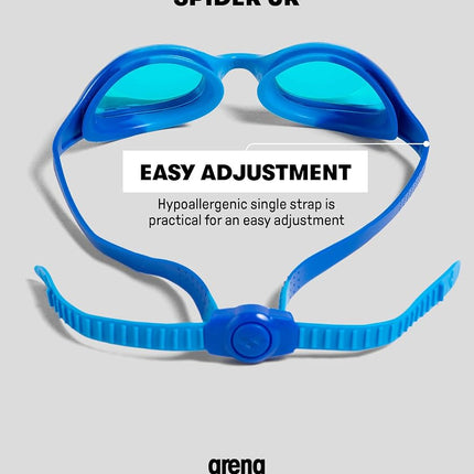 ARENA Unisex Youth Spider Junior Swim Goggles Girls and Boys Ages 6 to 12 No Fog Non-Mirror Lens Easy to Adjust Strap No Leak, Blue/Gray/Blue