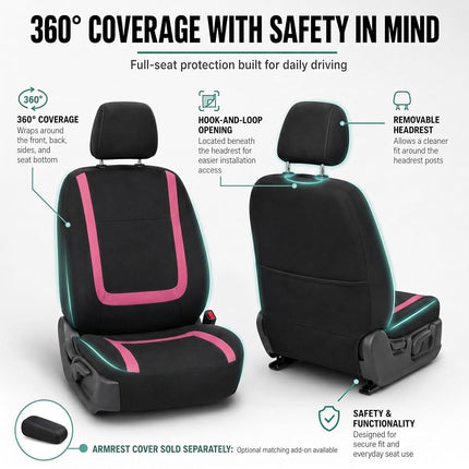 FH Group Car Seat Covers Front Set in Cloth - Car Seat Covers for Low Back Car Seats with Removable Headrest, Universal Fit,Automotive Seat Covers,Washable Car SeatCover for SUV,Sedan,Van Pink