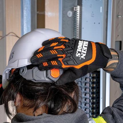 Klein Tools 60600 Work Gloves, Heavy-Duty Suede Palm Gloves, TPR Impact Resistant, Touchscreen-Capable, Hook and Loop Wrist Strap, Large