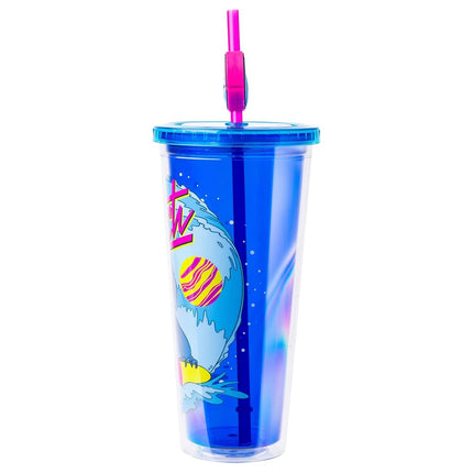 Vaso de plástico frío Silver Buffalo Disney Lilo & Stitch Cosmic Surfer con tapa y adorno para pajilla, 709 ml