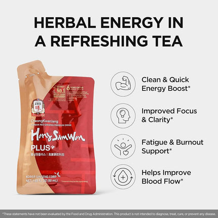 CheongKwanJang [Hong Sam Won Plus - Korean Ginseng Drink] Korean Red Panax Ginseng Extract Drink - Increase Productivity, Improve Blood Circulation & Brain Function - 30 Pouches
