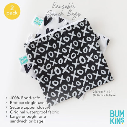 Bumkins Reusable Sandwich and Snack Bags, for Kids School Lunch and for Adults Portion, Washable Fabric, Waterproof Cloth Zip Bag, Travel Pouch, Food-Safe Storage, Large 2-pk Hearts and XOXO