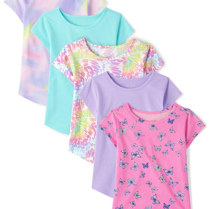 Camiseta gráfica de manga corta con dobladillo alto y bajo para niñas de The Children's Place, paquete de 5, Tie Dye/Agua/Alas de mariposa/Morado/Mariposas, X-Large